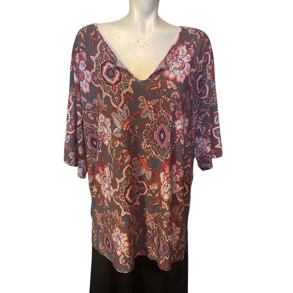 Floral Print Kimono Top, V Neck, 3/4 Sleeve, Bohemian Style Tunic‎ Blouse